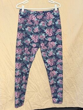 LuLaRoe Navy Leggings with Pink Floral Print